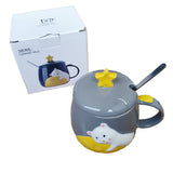 Mug Pocillo Oso Gato Estrella Ceramica Con Tapa + Cuchara