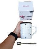 Mug Pocillo Ceramica Blanco Negro Mickey Puntos Tapa Cuchara