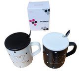 Mug Pocillo Ceramica Blanco Negro Mickey Puntos Tapa Cuchara