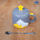 Mug Pocillo Oso Gato Estrella Ceramica Con Tapa + Cuchara