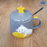 Mug Pocillo Oso Gato Estrella Ceramica Con Tapa + Cuchara
