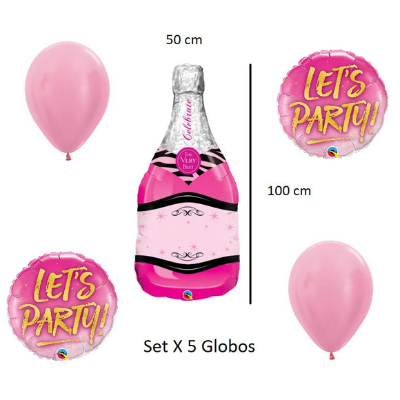 Globo Botella Champaña Rosada Set X5 Bombas Celebrar 100cm
